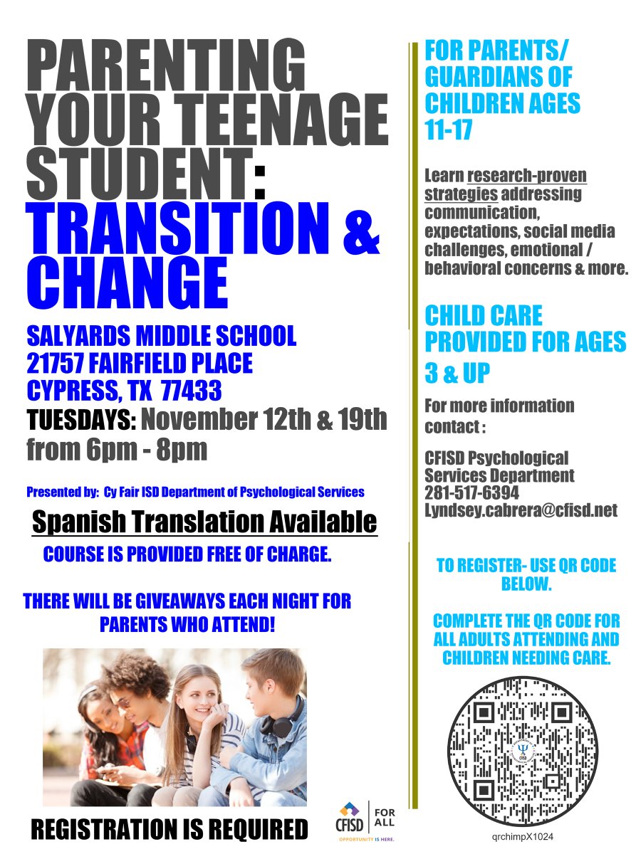 Our psychological services department is offering the following free upcoming parenting classes:

- Building Positive Behaviors (ages 3-12): Nov. 12 &amp; 19, 6-8 p.m., <a href="/CFISDKeith/">Keith Elementary</a> (Register: docs.google.com/forms/u/1/d/e/…)

- Parenting Your Teenage Student (ages 11-17): Nov. 12 &amp; 19, 6- 8