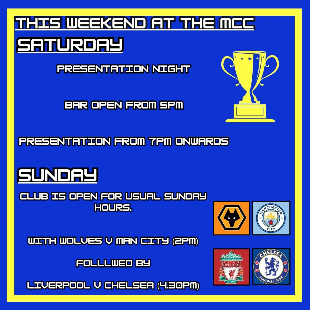 Plenty on up at the club this weekend!!

Presentation night tomorrow 🏆
Two live Premier league games during usual Sunday hours.

We look forward to seeing you 👍🏻🏏