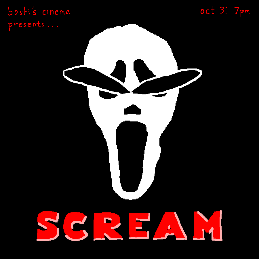 🔪🩸this halloween 🩸🔪 join us for a special terrifying edition of boshi’s cinema!! we’ll be showing the classic 90s slasher flick SCREAM (1996) . . . we’ll have popcorn and perhaps some other spooky treats . . . come through!

1002 metropolitan ave
doors at 7pm