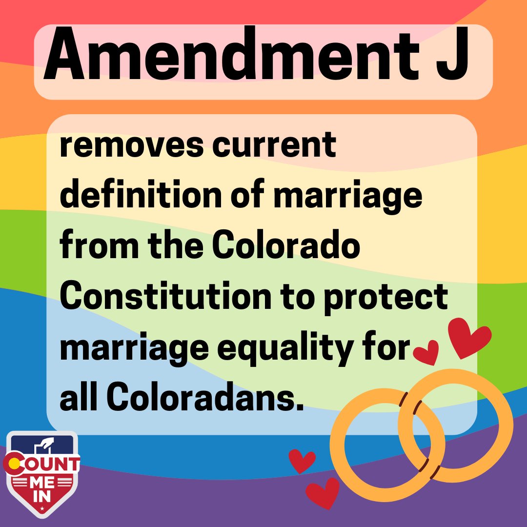 CountMeInCO's tweet photo. Amendment J removes now-defunct language from the Colorado Constitution defining marriage as between one man and one woman, aligning it with current law permitting same-sex marriage. Learn more about how this could affect Coloradans at https://t.co/ThqfR48z0y. https://t.co/8rRZlJSn1R
