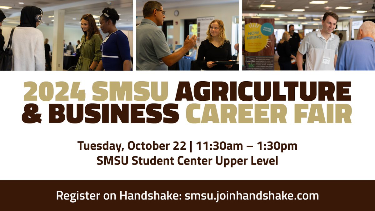 Plan to attend the 2024 Agriculture &amp; Business Career Fair on Tuesday, October 22 from 11:30am-1:30pm in the Student Center upper level! We will have 38 employers in attendance!

Attending Employers:
smsu.edu/campuslife/car…