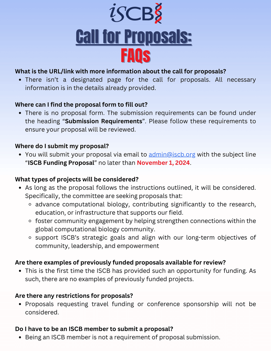 🚨 Reminder: There’s 1 week left to submit your #funding proposal to the #ISCB Business Development and Finance Committee.

📅 Proposal deadline: Nov. 1, 2024

Strategic priorities: t.ly/WN7To

All details needed for submission are in attached images.