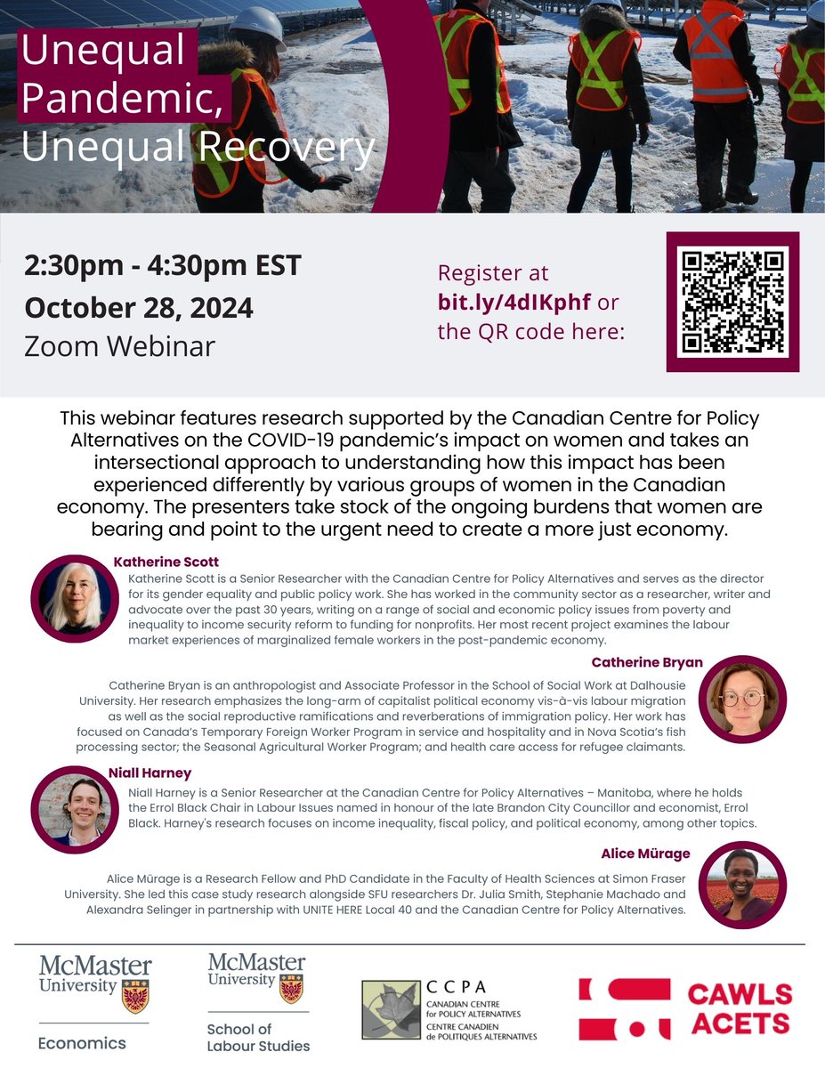 Join us Oct 28 for Unequal Pandemic, Unequal Recovery, a webinar on the COVID-19 pandemic’s unequal and enduring impact on women in Canada's economy. 
Co-sponsors: @policyalternatives @cawls_acets @mcmasterecon
#canlab #cdnpoli #cdnecon #canfem #GenderEquality #JustEconomy