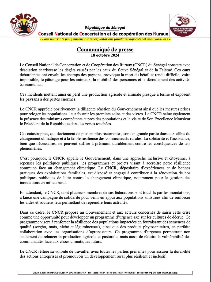 Cncr_Senegal's tweet image. Le Cncr lance un sos en soutien au paysans victimes des inondations dans la région de Tamba

Le #CNCR, dont des fédérations sont touchées par les inondations, lance une campagne de solidarité pour appuyer les sinistrées afin de renforcer leur résilience face aux énormes pertes.
