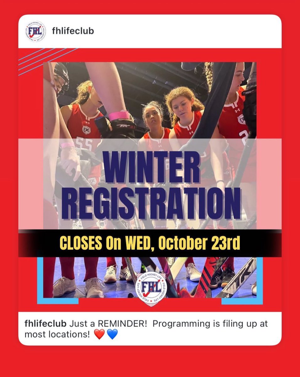 Last chance to register! Registration closes Wednesday, October 23 for FHL winter indoor field hockey. This is an excellent opportunity to enhance your stick skills and be a part of this great program! 
fieldhockeylife.com