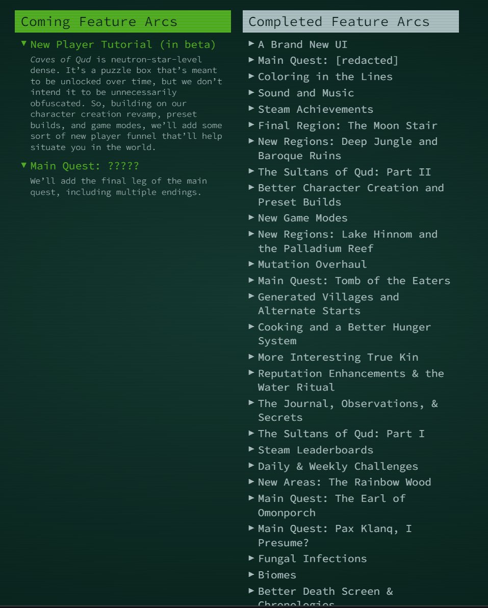 cavesofqud's tweet image. We updated the roadmap to reflect all the work we've done over the last few years.
Now, just 1.5 items left...
cavesofqud.com/roadmap/