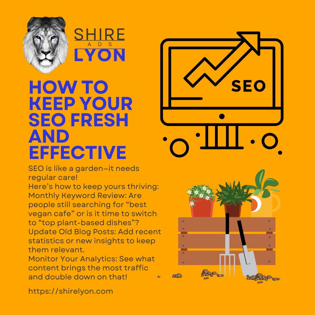 ShireLyonAds's tweet image. How to Keep Your SEO Fresh and Effective
SEO is like a garden—it needs regular care! Here’s how to keep yours thriving:
Monthly Keyword Review
Update Old Blog Posts
Monitor Your Analytics
#SEOUpdates #SearchEngineSuccess #SmallBusinessSEO #MonitorYourGrowth #TrafficBoost