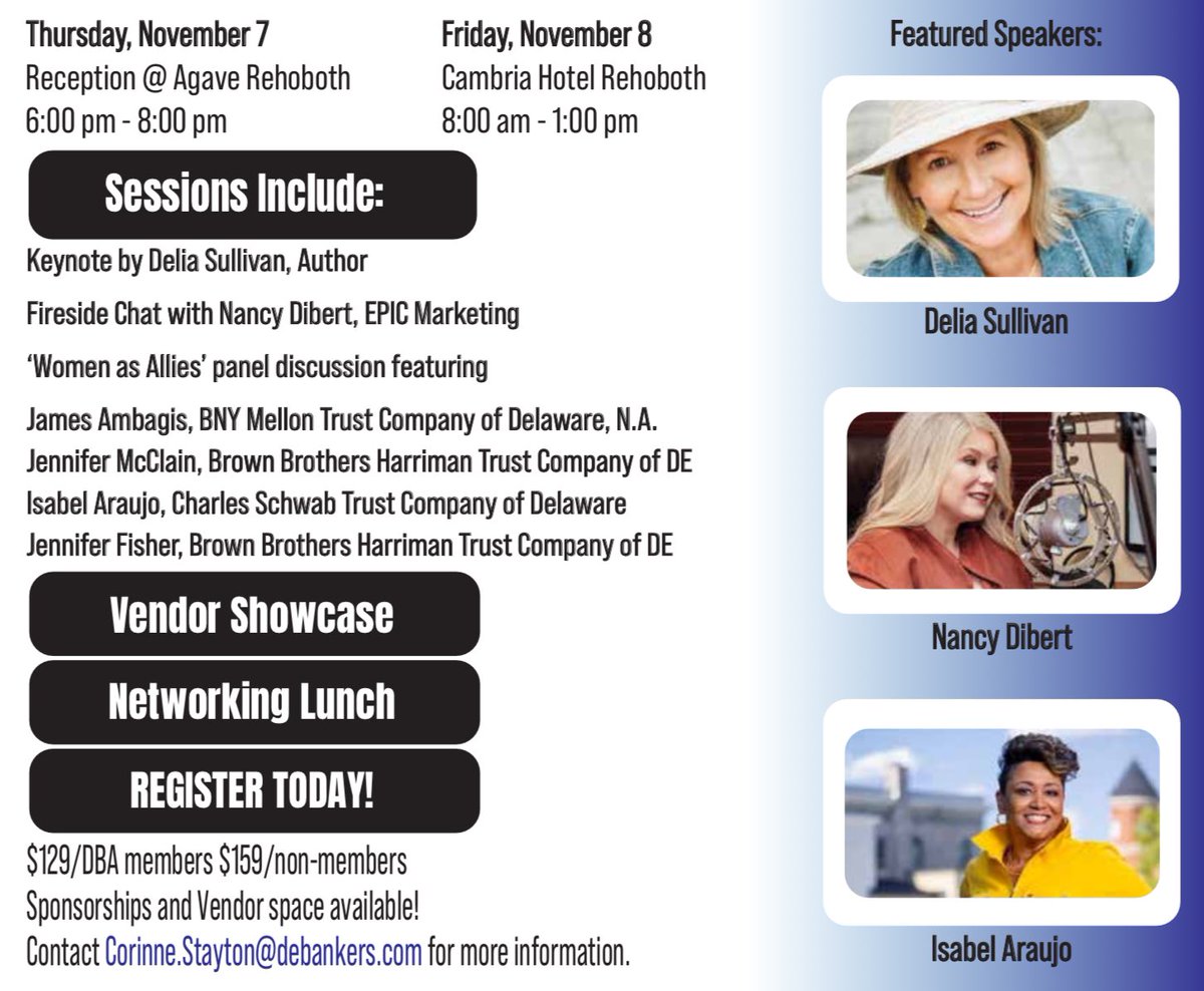 I’m honored to be leading a Fireside Chat at the Women’s Connect Sussex event on November 8. The event is hosted by the Delaware Bankers Association &amp; Delaware Financial Education Alliance. Details &amp; tix after the jump. #NetDE 

portal.debankers.com/events/women-c…