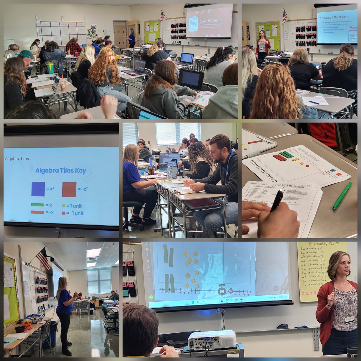 SSislerFCPSmath's tweet image. Opened our morning w/ our #fcpssecmath early career teachets reflecting on our vision and mission, some fun puzzle math, and multisensory strategies (including Algebra tiles 🤗).