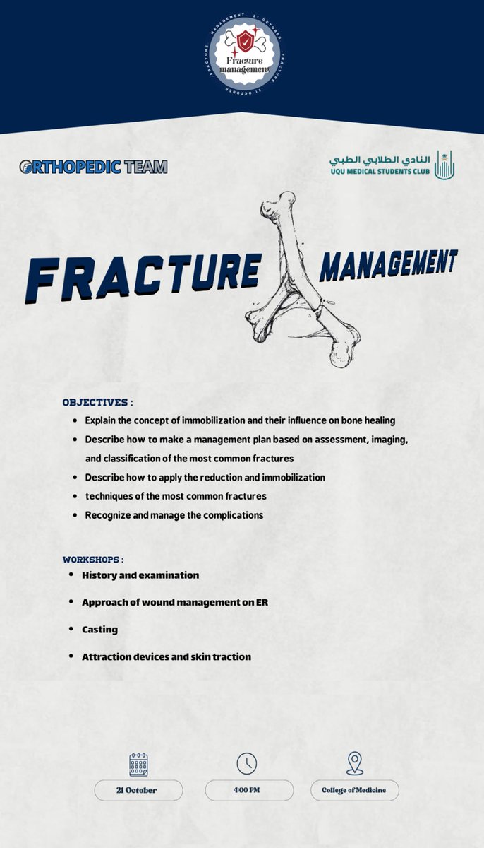 OrthopedicTeam's tweet photo. We are thrilled to announce our first course of the year, “Fracture Management,” designed to enhance your skills in fracture treatment 🦴✨
Don’t miss this incredible opportunity, we are waiting for you 🔥
Registration 🔗: https://t.co/ZegdkV8Z0G https://t.co/UJNPneyv9H
