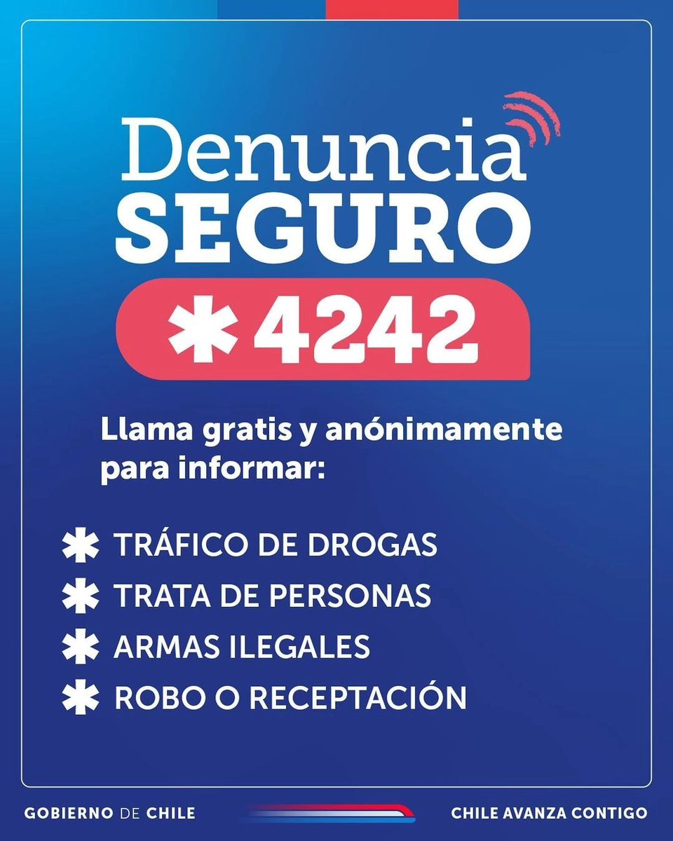 ¡Tu información puede marcar la diferencia! Si tienes datos sobre tráfico ilegal o tenencia de armas, denuncia de manera anónima y gratuita llamando al fono Denuncia Seguro *4242
Tu colaboración es clave para mantener nuestra comunidad segura.