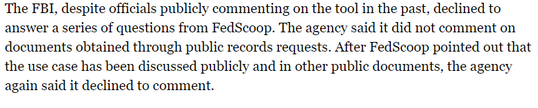 This is wild, treating public records like hacked documents. Anyone else had this response from the FBI? #FOIA #FOIAfriday

  fedscoop.com/fbi-ai-tool-th…
