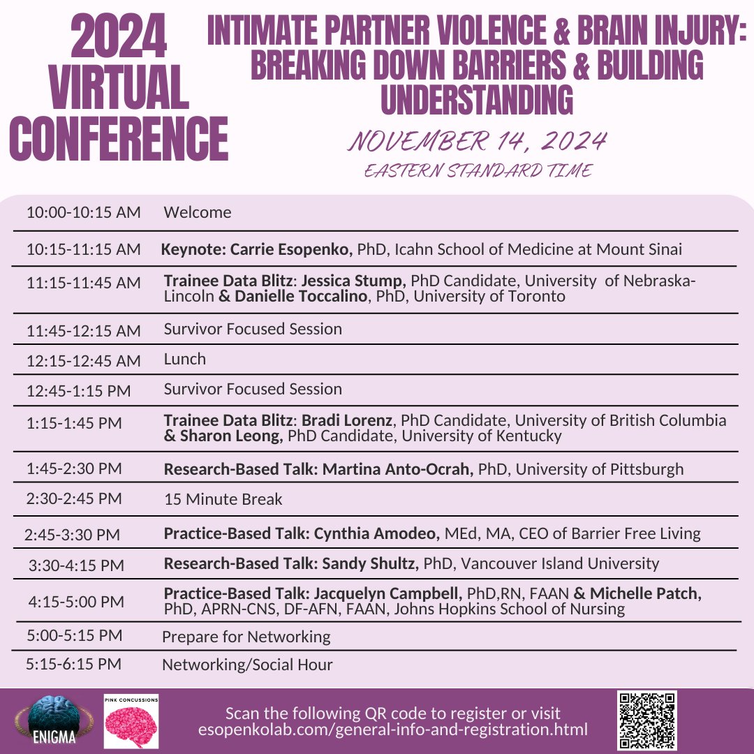 ENIGMA-Intimate Partner Violence (IPV) (@enigmaipv) on Twitter photo Less than a month until the 2024 <a href="/EnigmaIpv/">ENIGMA-Intimate Partner Violence (IPV)</a> & <a href="/PinkConcussions/">PINK Concussions 🧠</a> virtual conference "IPV & Brain Injury: Breaking Down Barriers & Building Understanding"
If you haven’t registered yet, there’s still time! You can register for FREE here: forms.gle/25vwdLMHZwUgXS… Less than a month until the 2024 <a href="/EnigmaIpv/">ENIGMA-Intimate Partner Violence (IPV)</a> & <a href="/PinkConcussions/">PINK Concussions 🧠</a> virtual conference "IPV & Brain Injury: Breaking Down Barriers & Building Understanding"
If you haven’t registered yet, there’s still time! You can register for FREE here: forms.gle/25vwdLMHZwUgXS…
