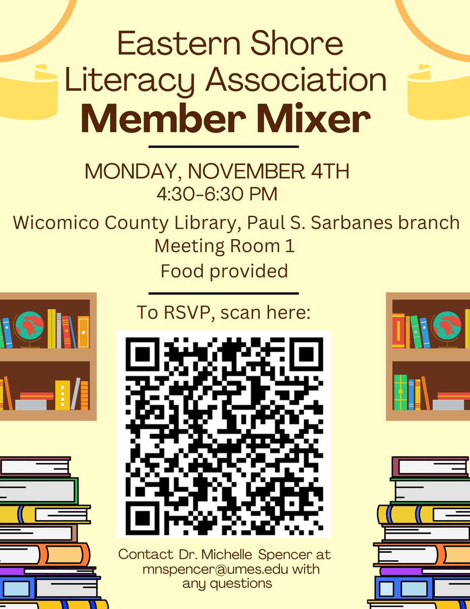 📚 Join us for the Eastern Shore Literacy Association Member Mixer!
🗓️ Monday, Nov 4 | ⏰ 4:30-6:30 PM
📍 Wicomico County Library, Paul S. Sarbanes Branch
🥗 Food provided!
RSVP by scanning the QR code below. See you there! #LiteracyMatters #EasternShoreLiteracy