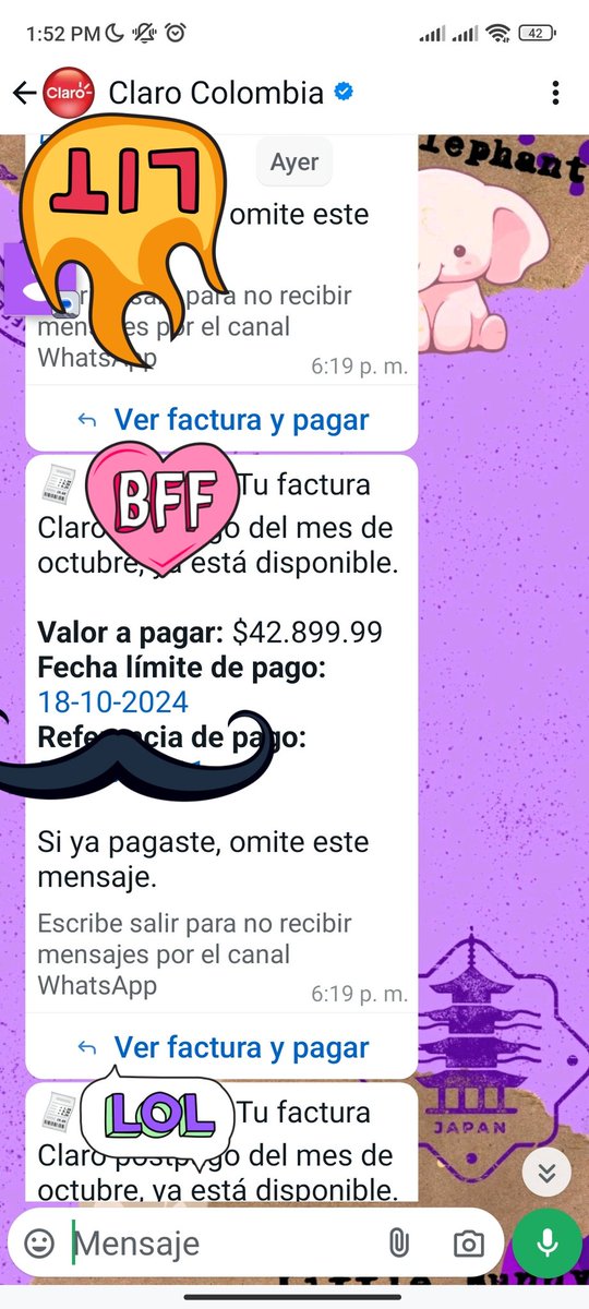 CucuEXgf's tweet photo. En 11/10/24 hice mi pago de Claro, como siempre, muy puntual, tan pronto sale la factura
Y el día de ayer, 17/10/24 recibí 6 msjs, 4 de ellos el mismo minuto, pidiendome que pagara la factura y si ya estaba paga, que hiciera caso omiso. @ClaroColombia
Le paras al spam? Por fa? https://t.co/8YNn4xitlV