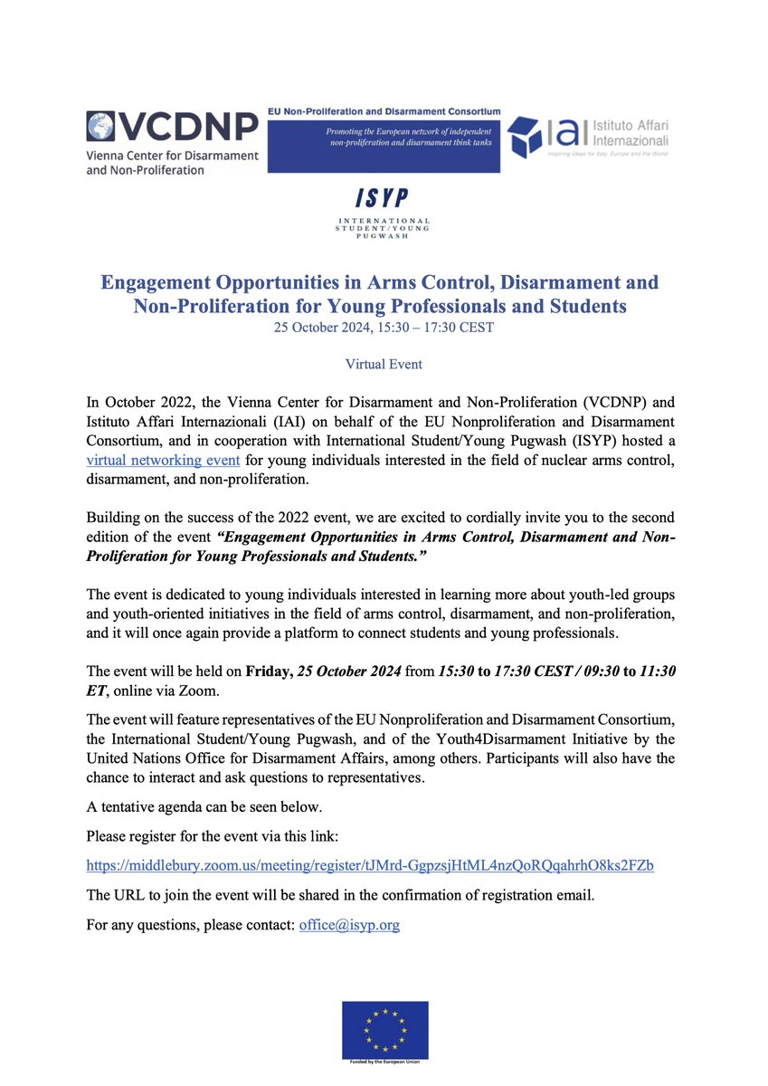 Join us in one week for a virtual event on "Engagement Opportunities in Arms Control, Disarmament and Non-Proliferation for Young Professionals and Students," co-hosted by ISYP, <a href="/VCDNP/">VCDNP</a> and <a href="/IAIonline/">Istituto Affari Internazionali - IAI</a>!

Register here: middlebury.zoom.us/meeting/regist…