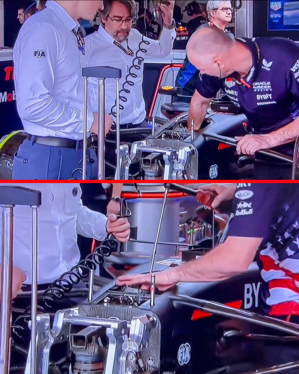 RBR_Daily's tweet photo. A Red Bull mechanic is showing the FIA how the bib device works 😭 https://t.co/Za8p1pZwB4