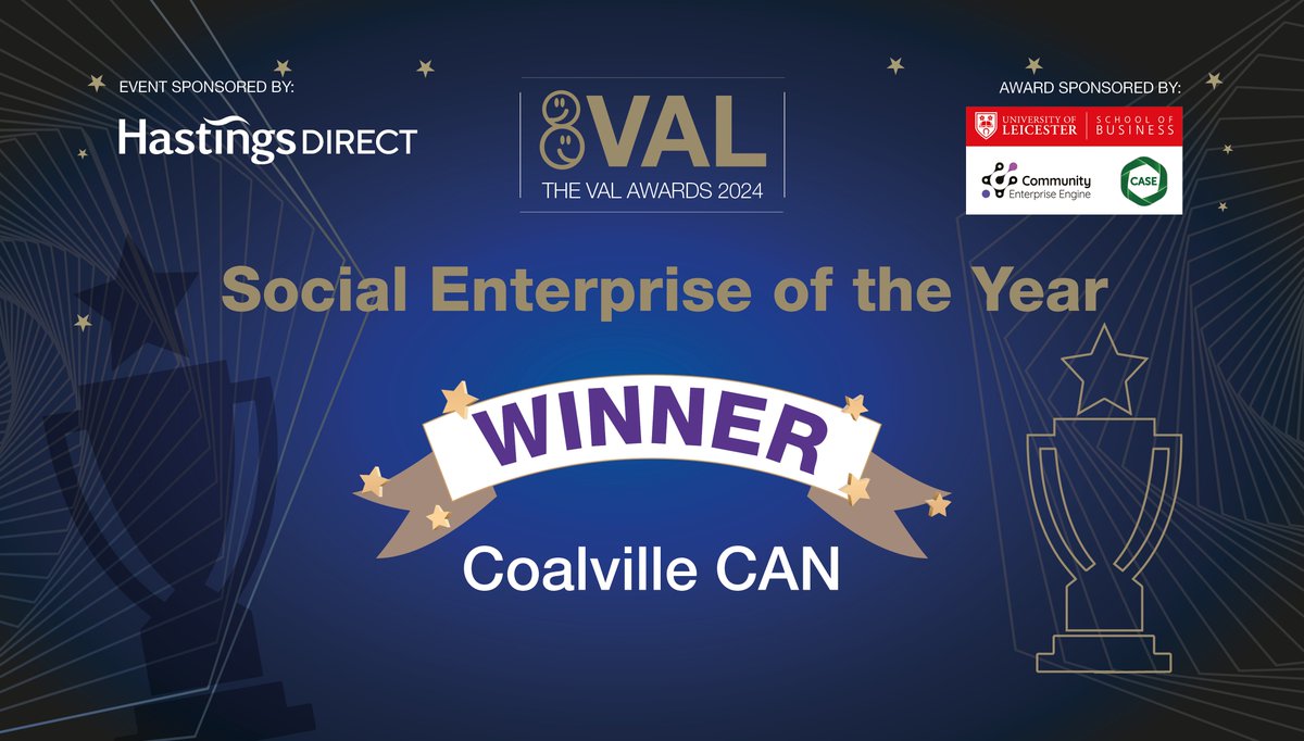 #VALAwards24
We are thrilled to announce our Social Enterprise of the Year Award Winner - <a href="/CoalvilleCANCBS/">Coalville C.A.N</a>
Thank you to our sponsors @leicInnovation 
Well done to all of our finalists!
<a href="/HDcareers/">Hastings Direct Careers</a>