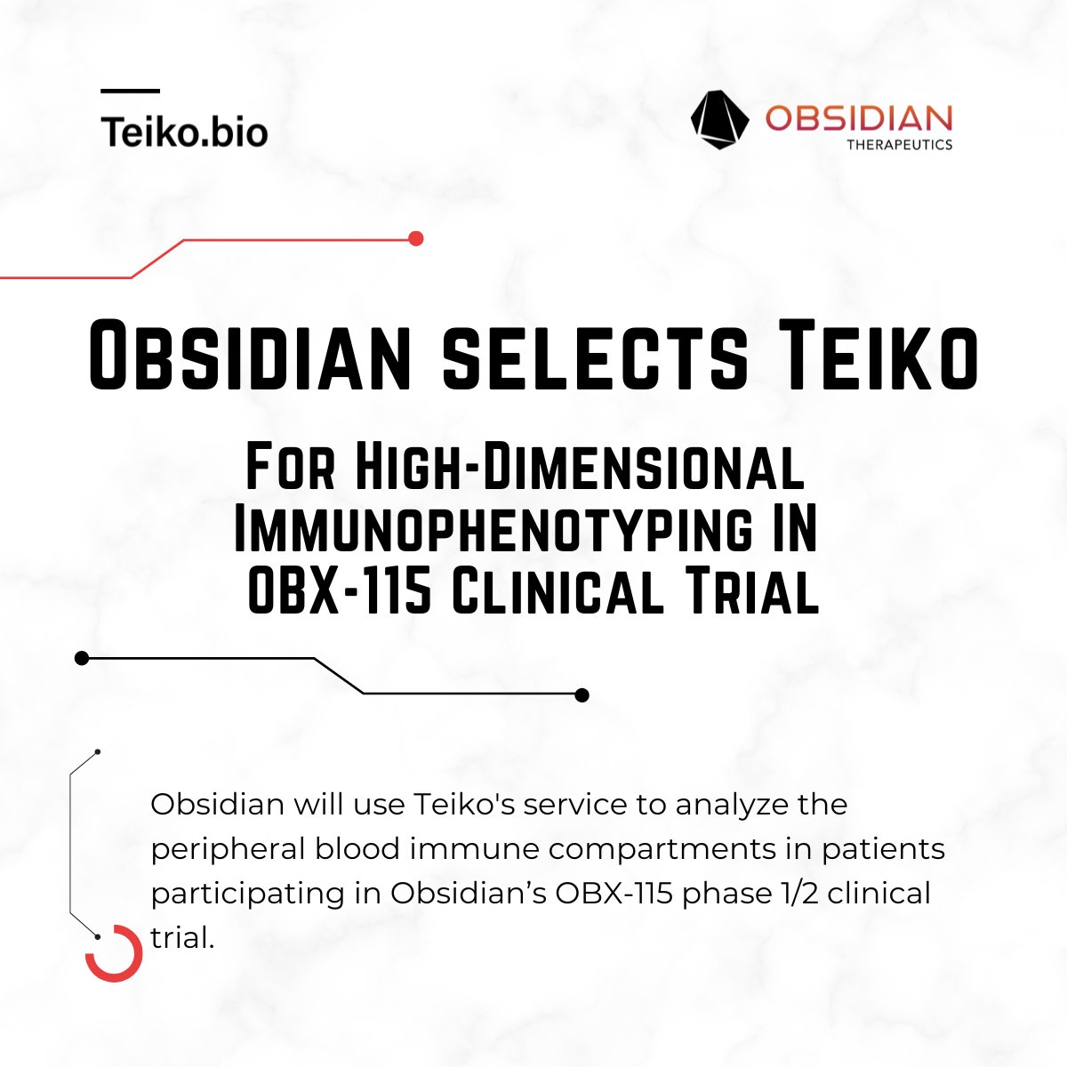 TeikoBio's tweet image. 📣 We are thrilled to support Obsidian Therapeutics with high-dimensional immunophenotyping of patients enrolled in the ongoing OBX-115 phase 1 / 2 clinical trial! 📣

Read more: teiko.bio/news/obsidian-…