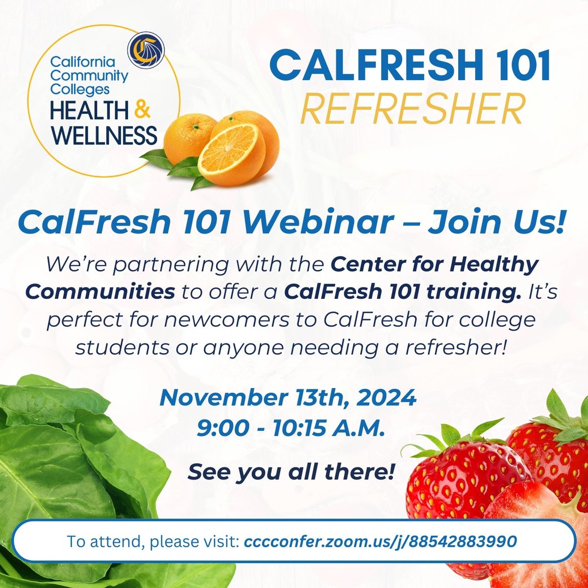 ccchealthwell's tweet photo. CalFresh 101 Webinar – Join Us!

We’re teaming up with the Center for Healthy Communities for a CalFresh 101 training—ideal for college students or anyone needing a refresher!

Date: November 13, 2024
Time: 9:00 - 10:15 A.M.

Join us at: https://t.co/TnMazGIuKp https://t.co/lKQgueRC6l