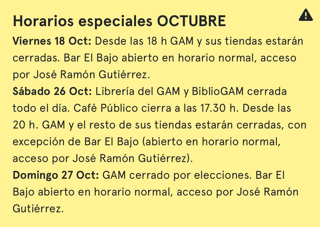 centroGAM's tweet photo. 👀 #OjoCon estas fechas.
⚠️ Volvemos a informar los siguientes horarios especiales de nuestro edificio GAM para Octubre
Detalles>https://t.co/qctspX83UU https://t.co/de4q5wJaHU