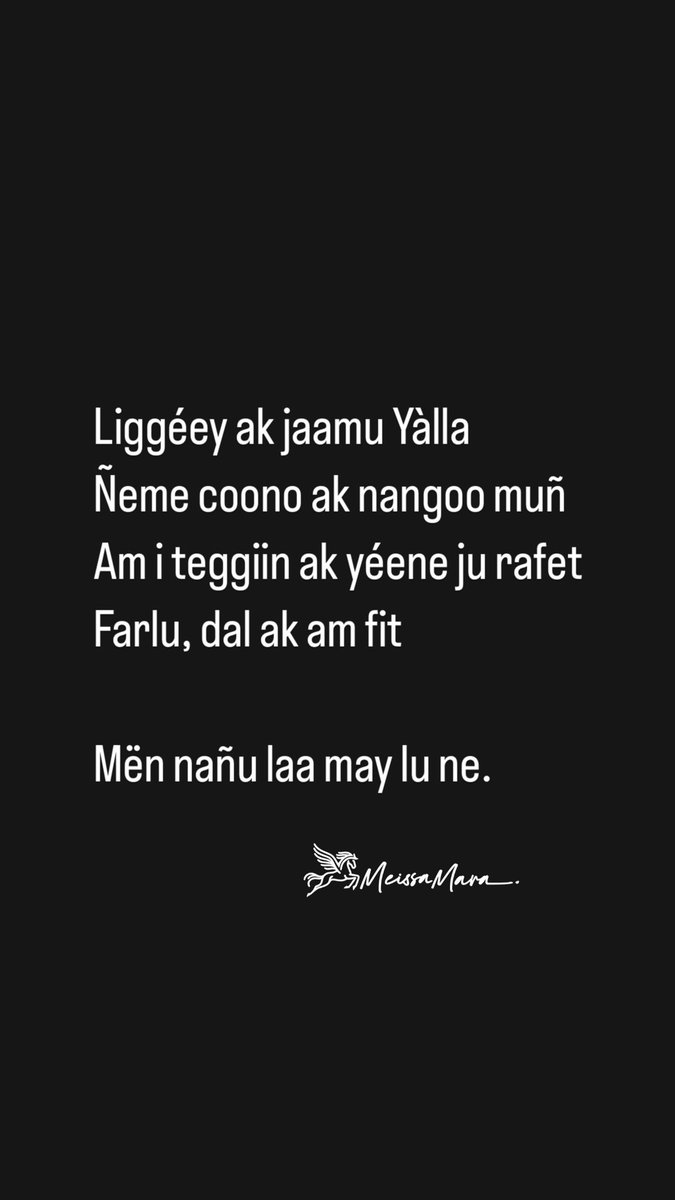 MeissaMara's tweet photo. Liggéey ak jaamu Yalla
Ñeme coono ak nangoo muñ
Am i teggiin ak yéene ju rafet
Farlu, dal ak am fit
Men nañu laa may lu ne. https://t.co/fva2SNIo65