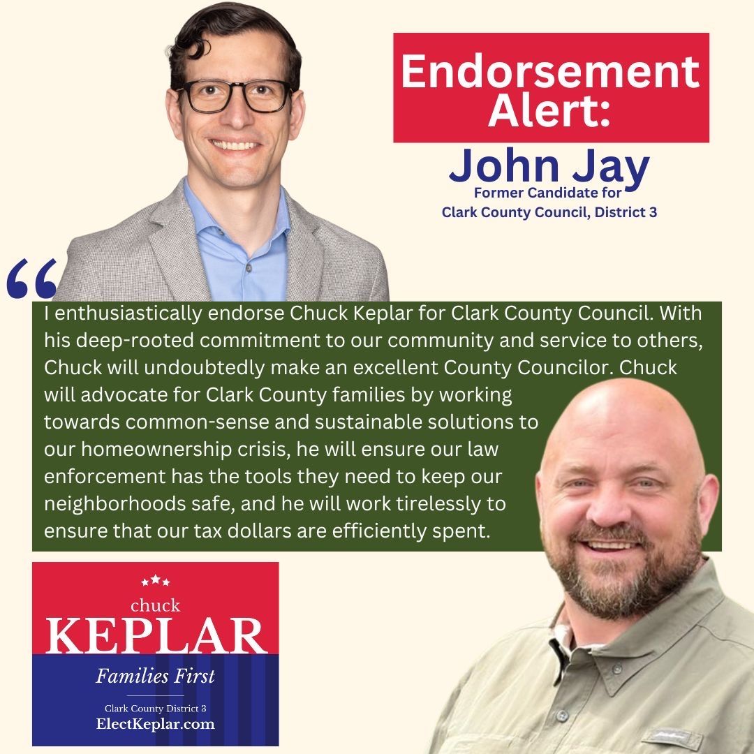 🚨 Endorsement Alert! 🚨
John Jay, former candidate for Clark County Council, endorses Chuck Keplar!

“Chuck will advocate for families with common-sense solutions for housing, law enforcement, and taxes.” 🏡🚔💡

#FamiliesFirst #ClarkCounty #VoteKeplar #notolls
