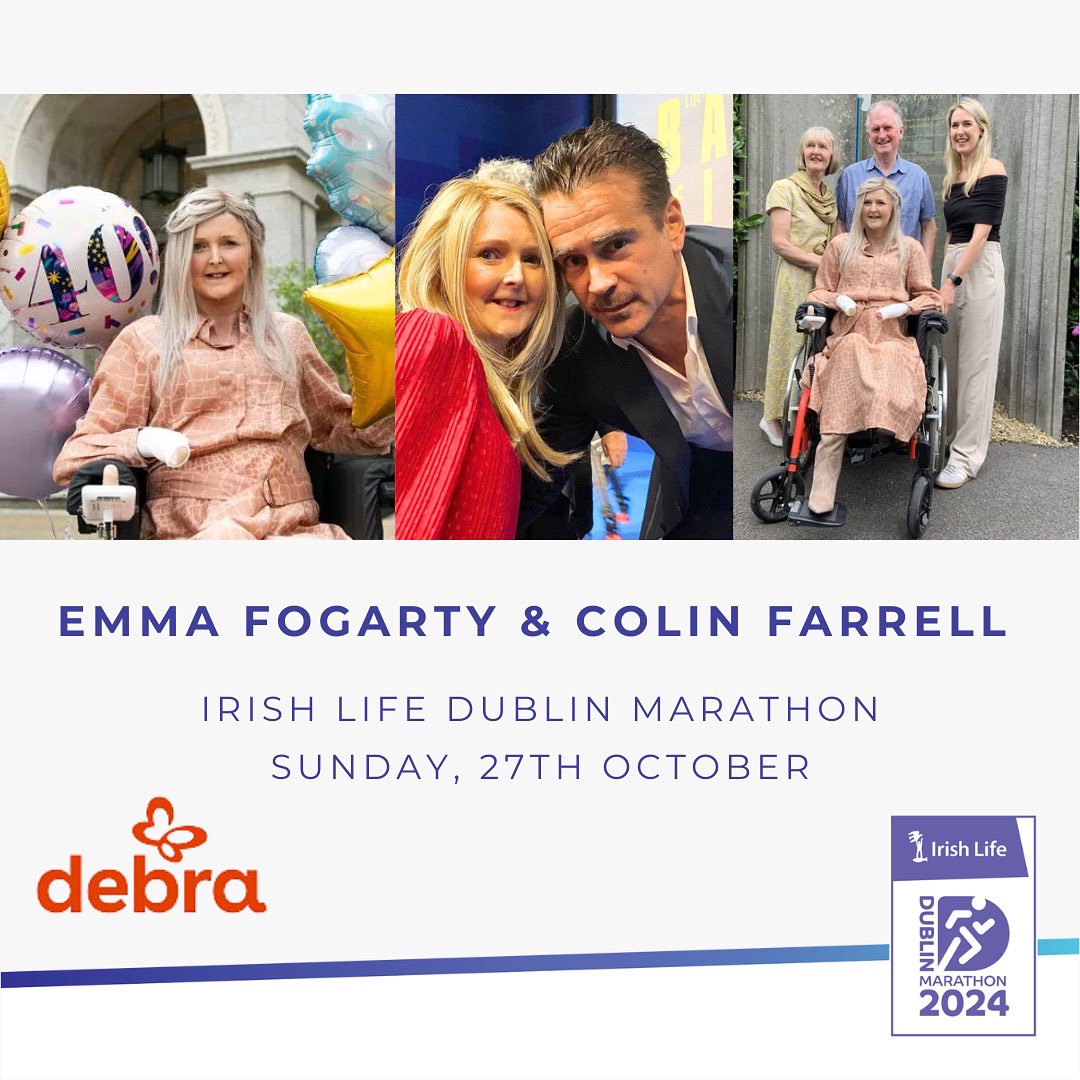 Irish Life Dublin Marathon (@dublinmarathon) on Twitter photo Colin Farrell is set to run the <a href="/IrishLife/">Irish Life</a> Dublin Marathon with his close friend Emma Fogarty to mark her 40th birthday and to support the charity <a href="/debraireland/">Debra - The Butterfly Skin Charity</a> 🥰
Emma is Ireland’s longest-surviving person battling the most severe type of agonising skin condition, epidermolysis Colin Farrell is set to run the <a href="/IrishLife/">Irish Life</a> Dublin Marathon with his close friend Emma Fogarty to mark her 40th birthday and to support the charity <a href="/debraireland/">Debra - The Butterfly Skin Charity</a> 🥰
Emma is Ireland’s longest-surviving person battling the most severe type of agonising skin condition, epidermolysis