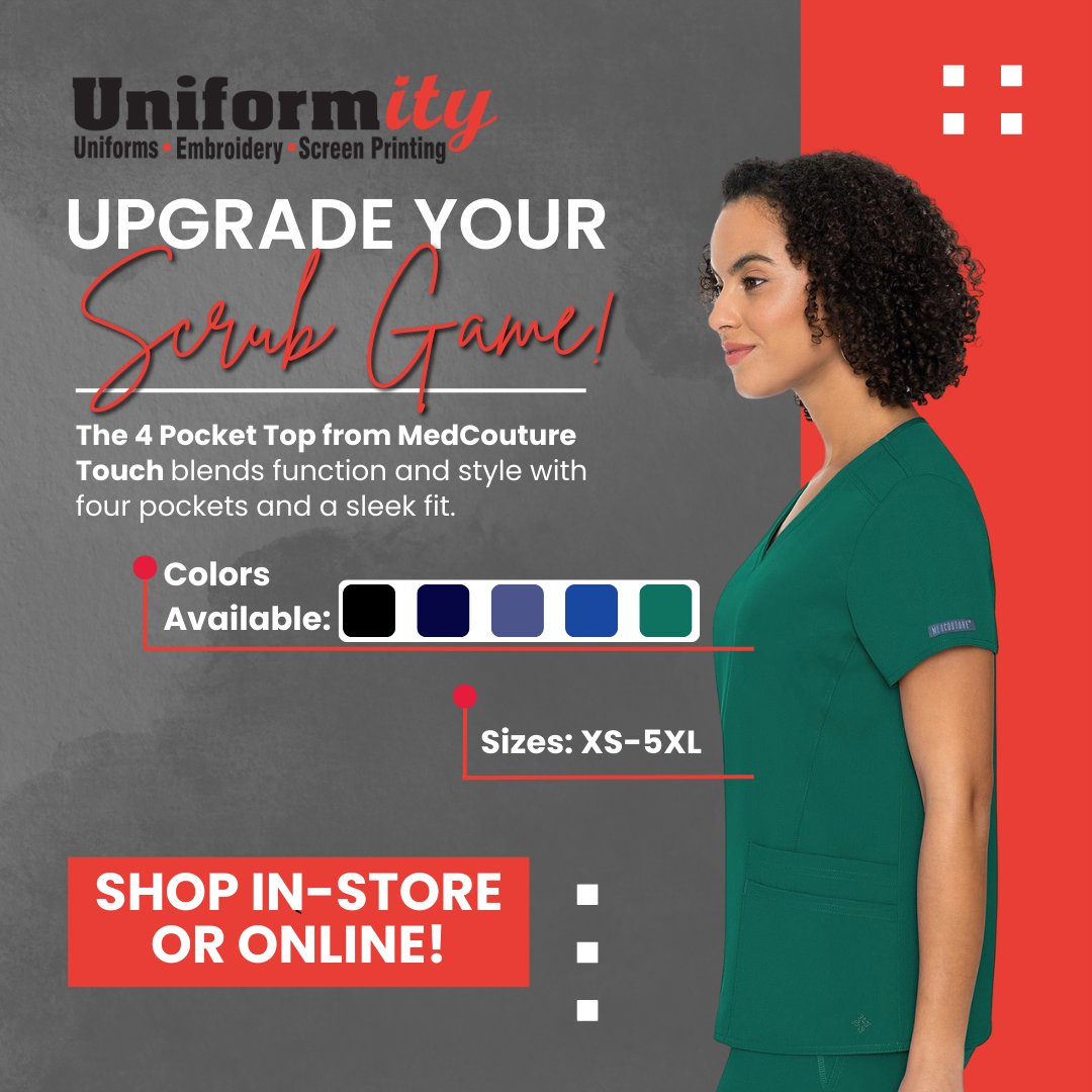 UniformityUSA's tweet photo. Meet your new favorite top! The 4 Pocket Top from the Touch By MedCouture Collection combines function and style with 4 pockets and a sleek design. Available in five stunning colors and sizes XS-5XL. Get yours now, in-store or online! 

🌐 Shop The Top - https://t.co/seZvkEWfEV https://t.co/HQBcAPpVlV