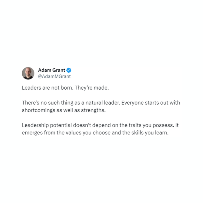 MariaWhiteLive's tweet photo. Do you believe in #NaturalBornLeaders? Personally, I tend to side more with @AdamMGrant. While I do think that some people may be naturally more outgoing, I believe that anyone can become a great leader if they work to develop their strengths and confront their weaknesses. https://t.co/5gdlRk0Cyn