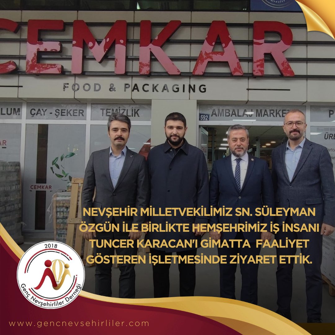gencnevsehir's tweet photo. Nevşehir Milletvekilimiz ile Hemşehri Ziyaretlerimiz 

Nevşehir Milletvekilimiz Sn. Süleyman Özgün ile birlikte hemşehrimiz İş insanı Tuncer KARACAN'ı Gimatta  faaliyet gösteren işletmesinde ziyaret ettik.

#Cemkar
#Gıda
#Gimat
#Ankara 
#Gencnevsehirliler https://t.co/CuNF7UEkGr