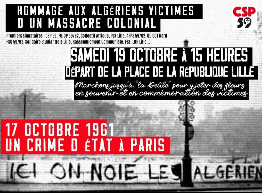 MARCHE D'HOMMAGE AUX ALGÉRIENS TUÉS PAR LA POLICE COLONIALE

📣 On se retrouve demain samedi 19 octobre à 15h, Place de la République pour une marche d'hommage aux travailleurs algériens tués par la police de Papon, par l'État colonial français, il y a 63 ans.

N'oublions jamais.