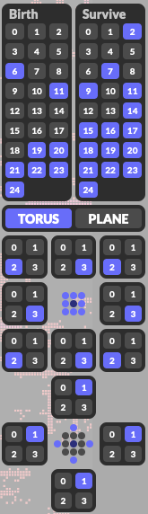 ichimonji_haji's tweet image. #セルオートマトン #CellularAutomaton
なんだかサイバーパンクなルール見つけた。
移動物体とかもありそうだけどすぐ爆発するので確認できない。