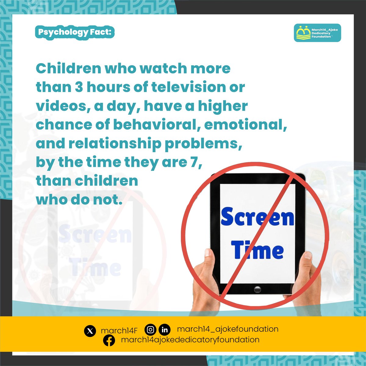 March14F's tweet photo. 🚫 Say No to Screen Time.
.
How do you set limits for screen time? 
.
👇 Please share tips below.
.
.
.
****M14ADF is a Nigerian NGO with the mission to intentionally aid access to high-quality early childhood development, care, and pre-school education to the low-income families https://t.co/xIfZ3pba6K