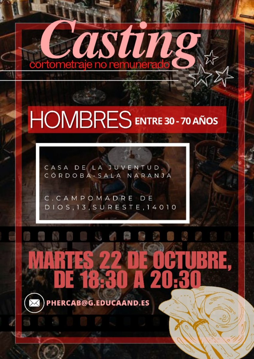 Quieres formar parte de un rodaje? 🎬

📢 Martes 22 octubre a las 18:30

📍Casa de la juventud, Córdoba