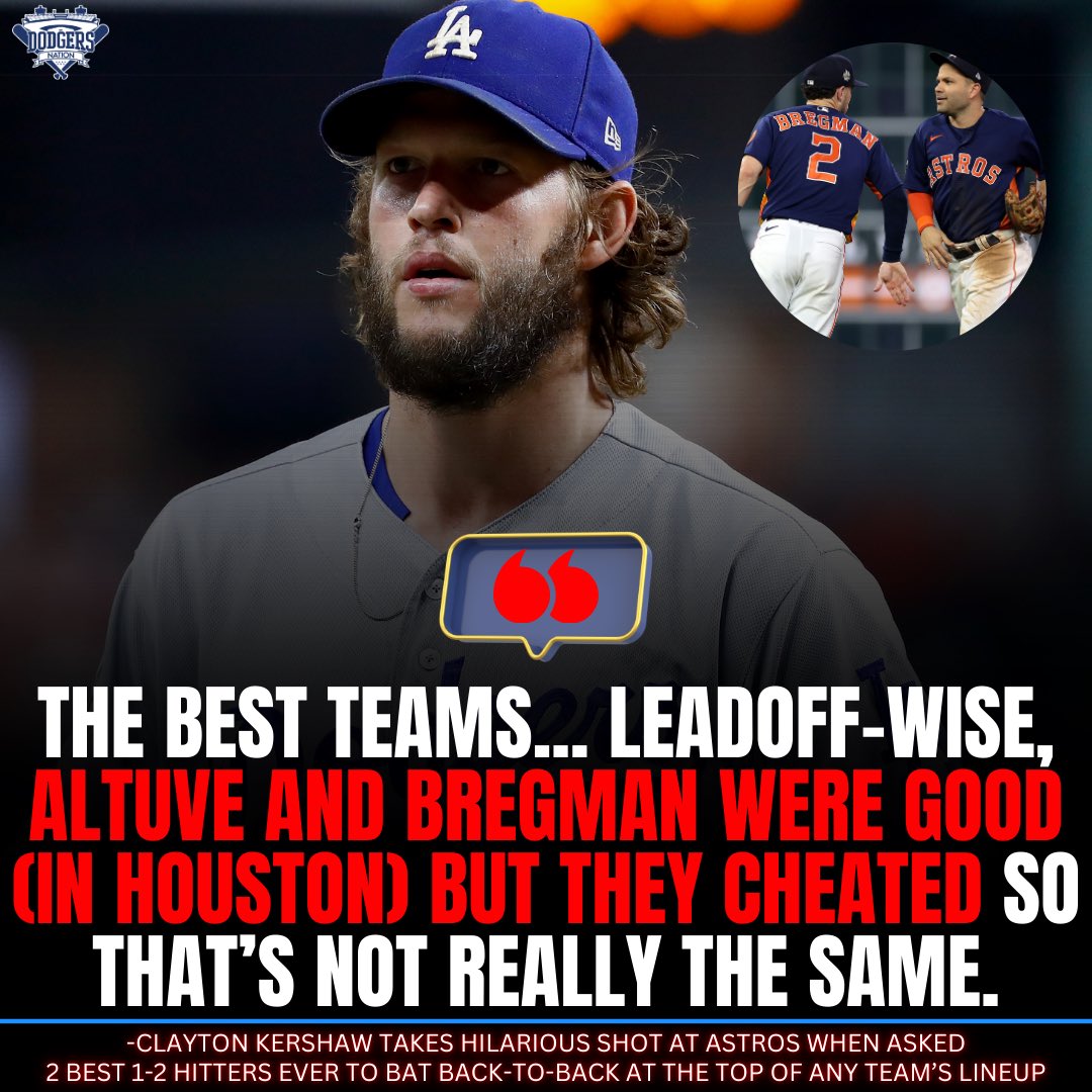 Clayton Kershaw didn’t mince words talking about the Houston Astros when asked by Jayson Stark who the most talented 1-2 hitter duo he’s faced is 👀

Never forget…