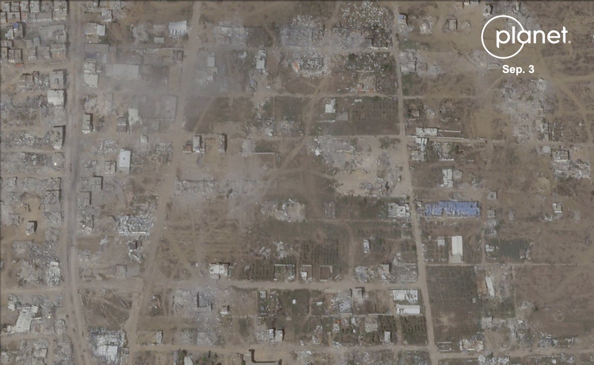 AricToler's tweet image. The destruction over the last couple of months south of Gaza City has been accelerating quickly. Vegetation is being wiped out, along with swathes of homes and structures. Randomly picked a spot near Salah al-Din  here to show the trend:
Via Planet. Sept vs. Oct + pre-war