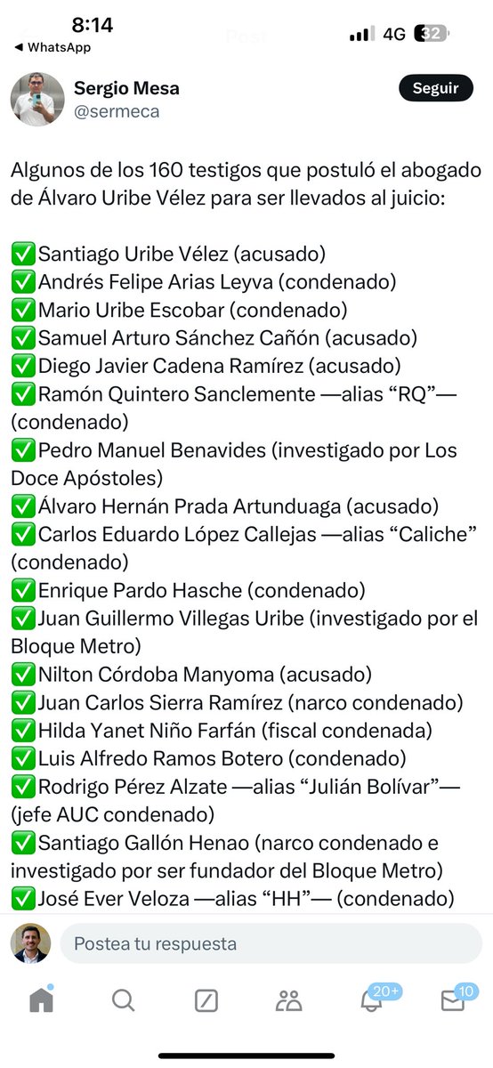 EsmeHernandezSi's tweet photo. Uno ve la lista de testigos a favor de Álvaro Uribe y no sabe si son testigos o un cartel de delincuentes: si no están condenados, están acusados o imputados. Y el jefe, a punto de ir a juicio. https://t.co/uu5UkEfz1q
