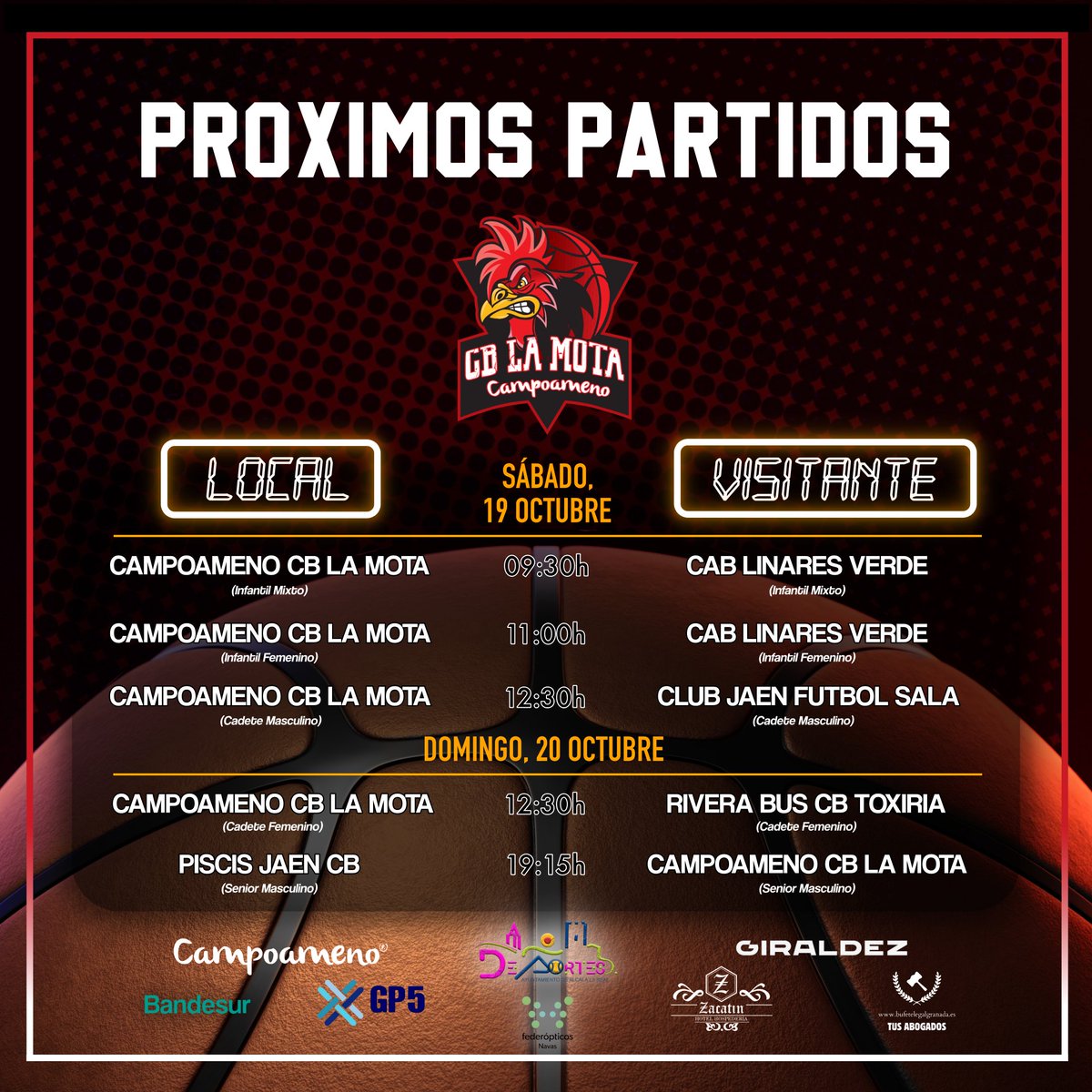 🏀 📣 ¡Se acerca de nuevo un 𝗳𝗶𝗻𝗱𝗲 completito para los/as jugadores/as de 𝗖𝗕 𝗟𝗔 𝗠𝗢𝗧𝗔! ✨🎉

Como siempre, te invitamos al Pabellon Municipal para disfrutar de una tarde de sábado ¡llena de deporte!
.
#CBLAMOTA