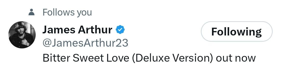 Just noticed that <a href="/JamesArthur23/">James Arthur</a> follow me in X. So bullish. Thanks brother!  ❤️
