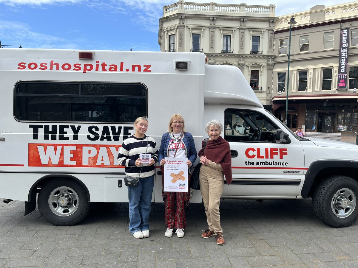 ❤️‍🩹Here’s my family having a small protest 😊
🚑Come see Cliff the Ambulance. 
11-3 outside the Meredian today.

🆘Support our campaign. 🖍️Write a postcard. 
⭕️ Buy a $5 badge, 📜 Get a poster for work

I’ll be there 1-3pm. 

#theysavewepay #saveoursouthernhospital #sos #dunedin