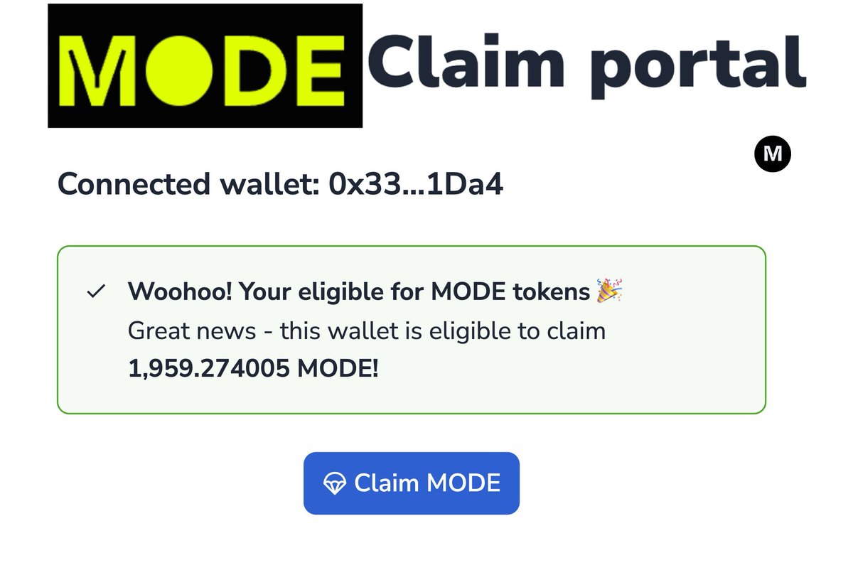 Claim💥 $MODE Season 2  🪂#Airdrop  

🖥 𝗦𝗲𝗰𝘂𝗿𝗲 𝗬𝗼𝘂𝗿 𝗖𝗹𝗮𝗶𝗺 𝗛𝗲𝗿𝗲:  
app.hedgey.finance/claim/1878e884…

Engage in staking to maximize your rewards:  

🌐 𝗦𝘁𝗮𝗸𝗲 $𝗠𝗢𝗗𝗘 𝗳𝗼𝗿 $𝗢𝗣:  

👉 Become part of the vibrant Mode community: ref.mode.network/wkzOfo  

𝗠𝗼𝗱𝗲