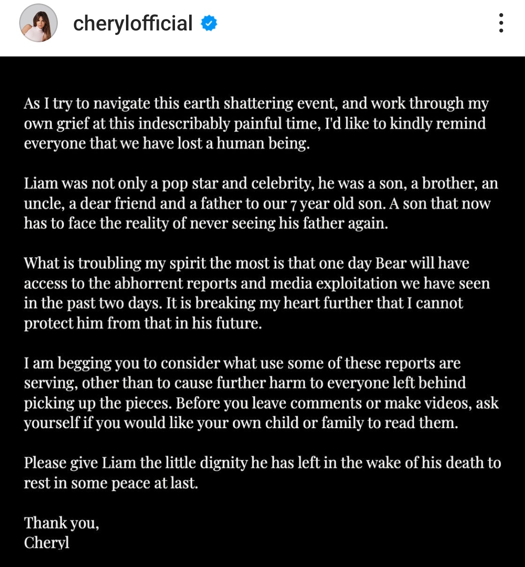Imagine losing the father of your child and having to write something like this.

As I said the other day, this place is a cesspit.

I can't imagine how hard this must be for Cheryl Cole having to navigate the trauma her son is going through. The whole situation is too sad.