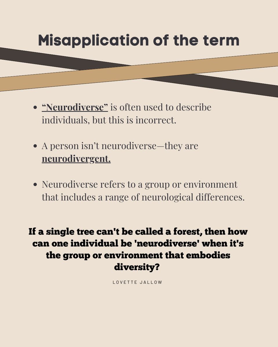 lovettejallow's tweet image. The term “neurodiverse” is often misapplied to individuals, but a person can’t be “neurodiverse”;they can be neurodivergent. Neurodiversity reflects the broad range of neurological differences in society, like ADHD, autism, dyslexia, dyspraxia, &amp;amp; Tourette syndrome. #neurodiverse