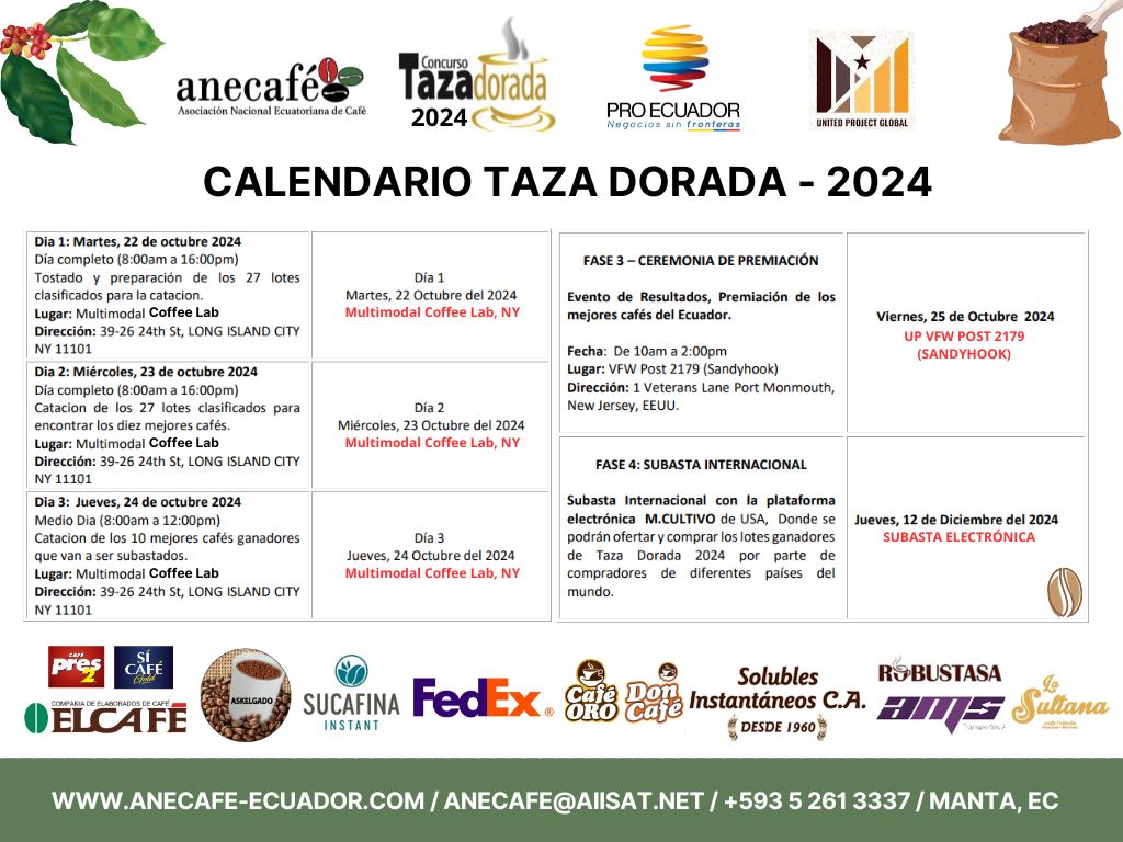 Compartimos el cronograma de actividades de la fase final en USA de nuestro Concurso Taza Dorada-Ecuadorian Coffee 2024. Este año tenemos subasta electrónica #mcultivo donde los compradores podrán adquirir los mejores cafés del Ecuador #tazadorada