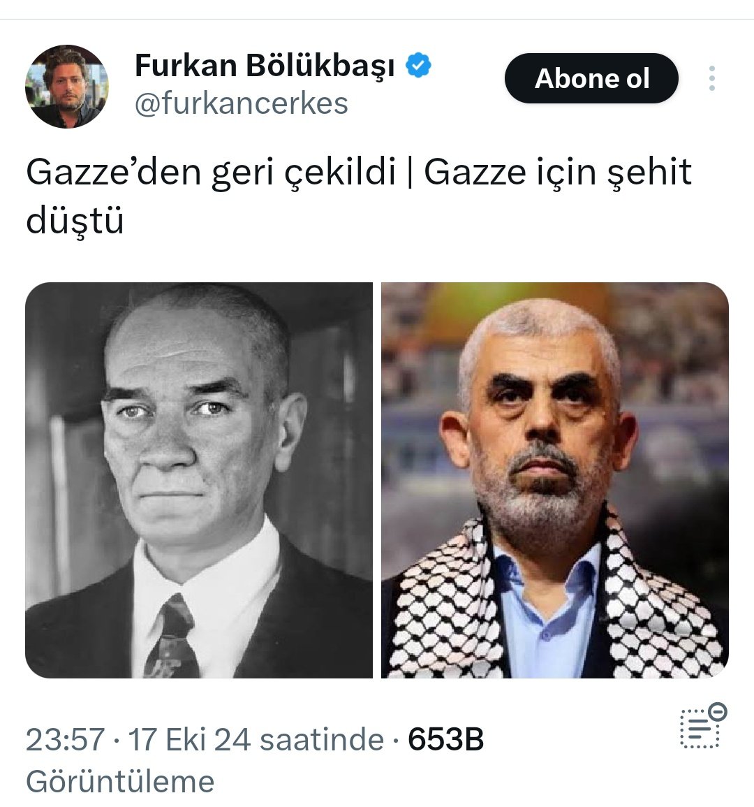 ZAVALLI ATATÜRK DÜŞMANI!

Fahrettin Altay Paşa şöyle diyor: 

"Yıldırım Orduları dağıldı. Ordu Komutanı Liman Von Sanders kaçtı. Cevat ve Mersinli Cemal Paşalar da ordu komutanlığını Mustafa Kemal’e bırakıp gittiler. Mustafa Kemal’in bu koşullarda “istila ordusunu” Halep
