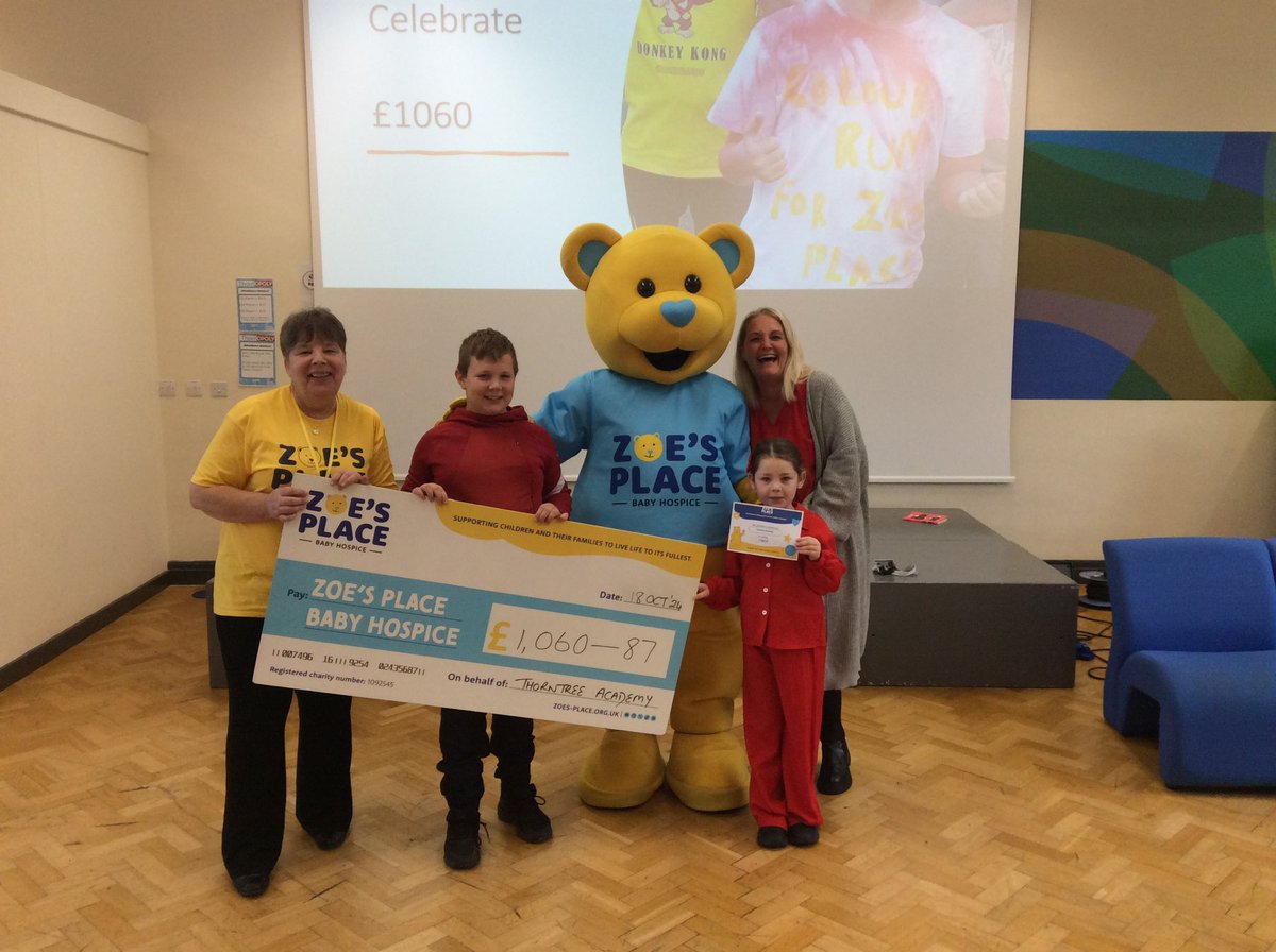 Thorntree Academy (@trthorntree) on Twitter photo We had a very important visitor in school today to thank us for the money raised during our colour run in September.
As a community, we raised £1060.87 for such an amazing charity.
Huge thanks you everyone who contributed! 💛💛💛
<a href="/ZoesPlaceMidbro/">Zoe's Place Baby Hospice, Middlesbrough</a> <a href="/extoltrust/">Extol Trust</a> #FutureYou We had a very important visitor in school today to thank us for the money raised during our colour run in September.
As a community, we raised £1060.87 for such an amazing charity.
Huge thanks you everyone who contributed! 💛💛💛
<a href="/ZoesPlaceMidbro/">Zoe's Place Baby Hospice, Middlesbrough</a> <a href="/extoltrust/">Extol Trust</a> #FutureYou