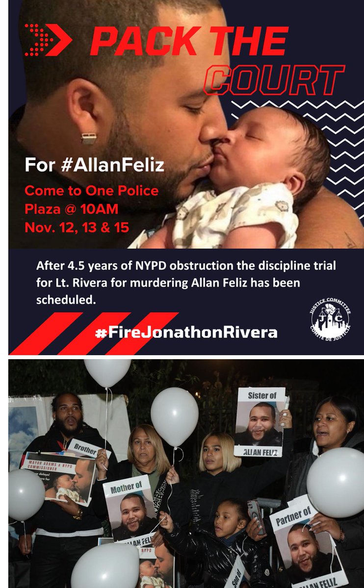 Beyyond_Measure's tweet image. Over 5 yrs after Lt. Rivera killed #AllanFeliz, he will finally face a discipline trial to determine if he is fired from the NYPD. Come to One Police Plaza on Nov. 12, 13 and 15 to stand with the Feliz family and demand @NYCMayor and @NYPDPC #FireJonathanRivera!