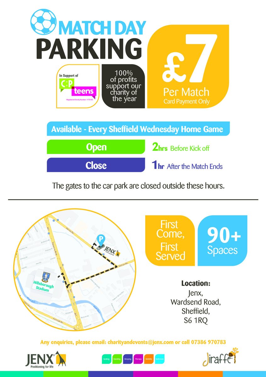 Charity Match Day Parking! 
<a href="/swfc/">Sheffield Wednesday</a> vs <a href="/BurnleyOfficial/">Burnley FC</a> 

Convenient and secure, match day parking available at our headquarters in Hillsborough!

 📍S6 1RQ 
 💳 Card Payments only 
 Also available to prebook on <a href="/ypsuk/">YourParkingSpace</a>
 
#matchdayparking #SWFC #BurnleyFC