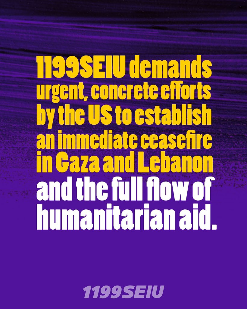 1199SEIU's tweet image. 1199SEIU condemns the violence in Israel, Gaza, and Lebanon. We demand an immediate ceasefire, humanitarian aid access, and an end to U.S. military support for actions that harm civilians. Read the full statement here: 1199seiu.org/media-center/1…
